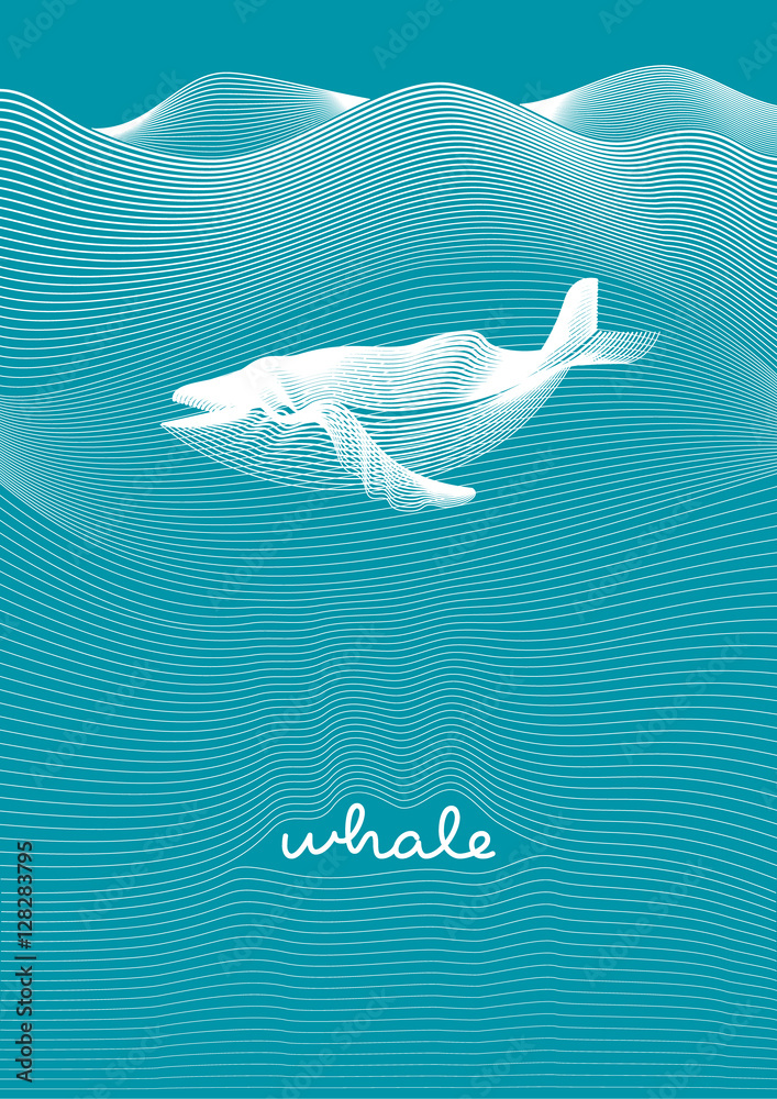 Fototapeta premium Abstract vector moire whale with waving curling lines. Sea theme with a sea animal. Ocean pattern.