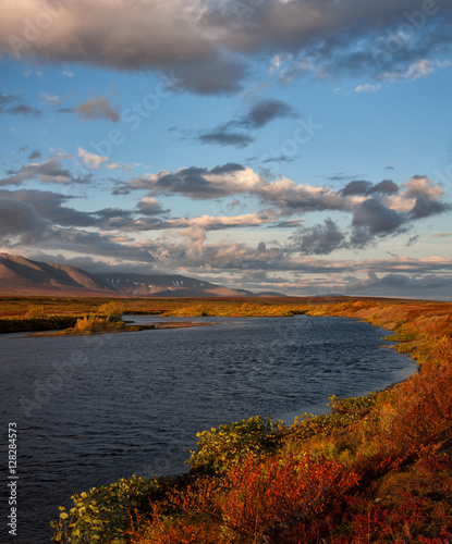 Morning on the river in the autumn. Sob River. Polar Urals. Russia.