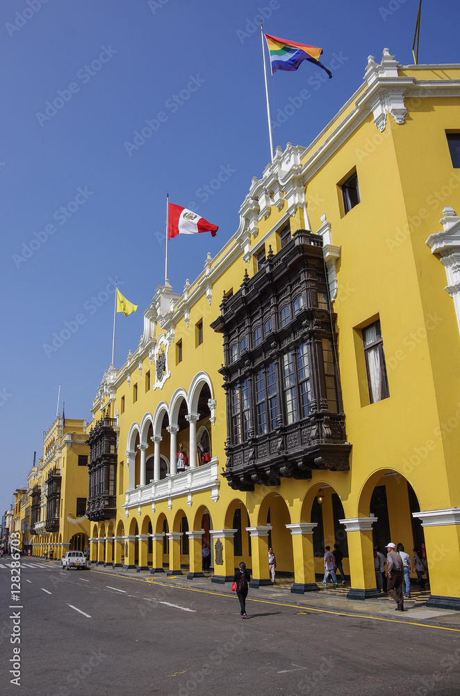 Municipal building in Plaza Mayor (formerly, Plaza de Armas) in Lima, Peru in sunny day.