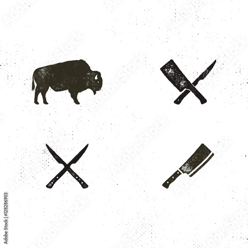 Steak House vintage Label. Typography letterpress design. Vector steak house retro logo. Included bbq grill symbols for customizing steak house badge. Black and white insignias isolated