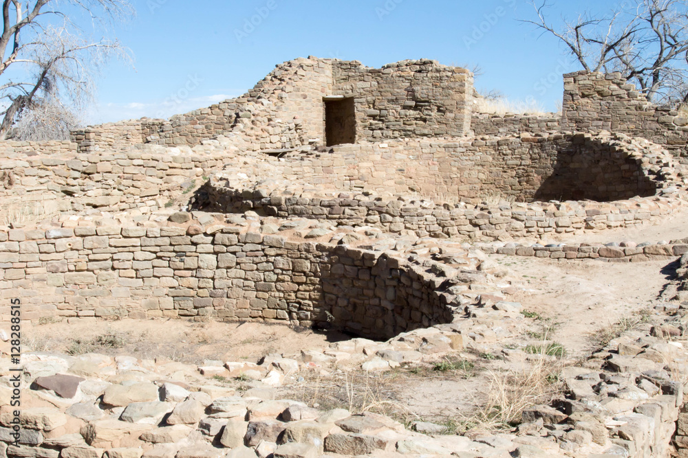 Two circular kivas built into the ground at the Aztec Ruins National Monument in New Mexico