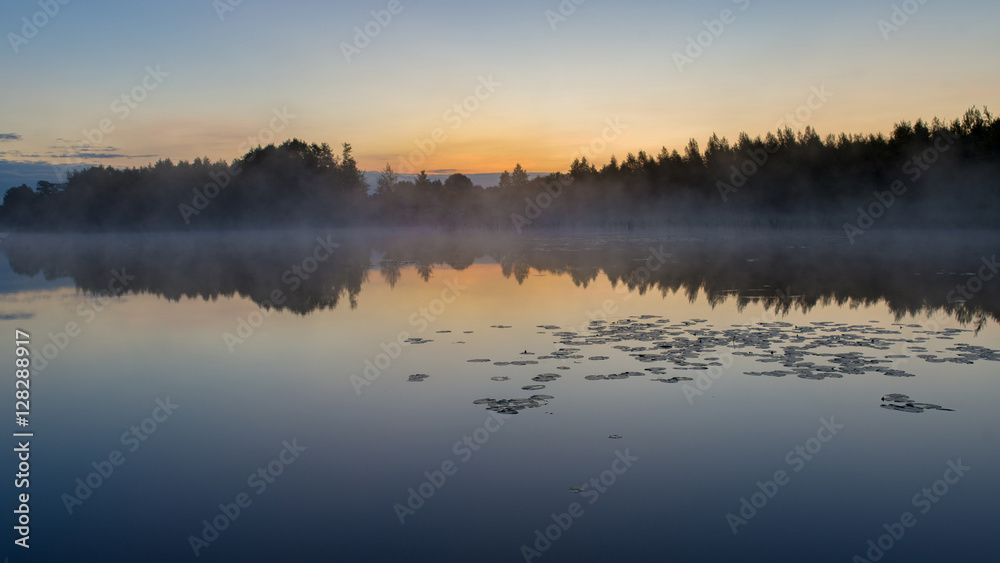 Foggy lake in the morning, Belarus, Summer