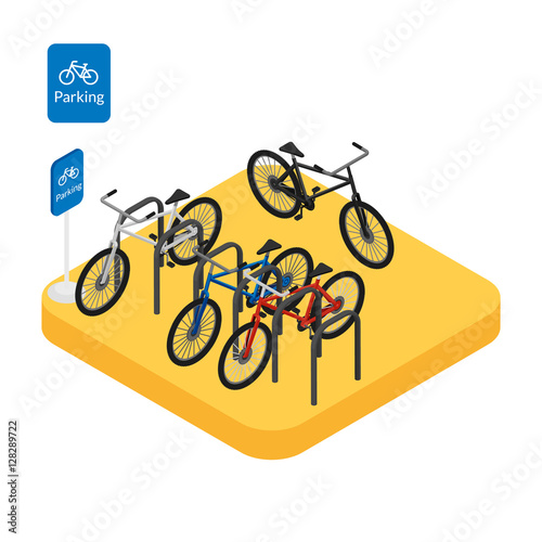 Vector illustration. Web icon bicycle parking with colorful bikes and the sign. Isometric. 3D.