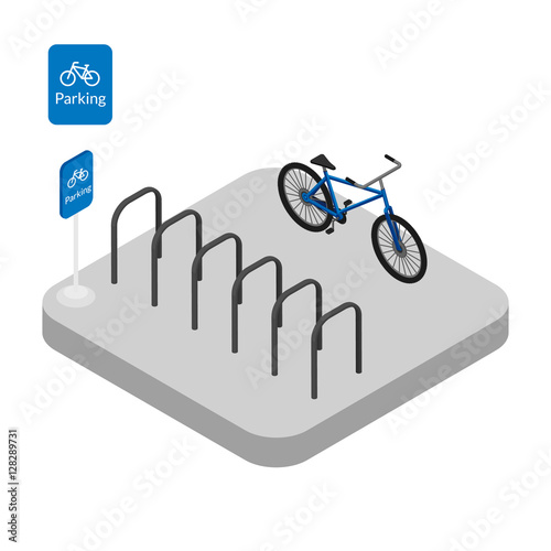 Vector illustration. Web icon bicycle parking with blue bike and the sign. Isometric. 3D.