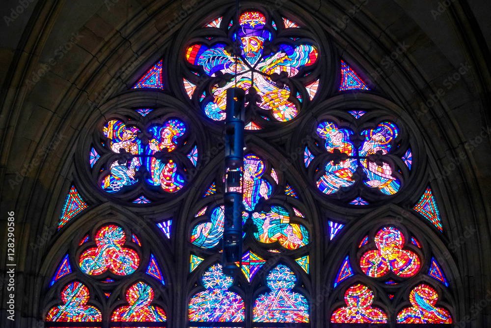 Prague, Czechia - November, 21, 2016: stained-glass of St. Vitus Cathedral in Prague Castle, Czechia Prague, Czechia - November, 21, 2016: stained-glass of St. Vitus Cathedral in Prague Castle, Czechia