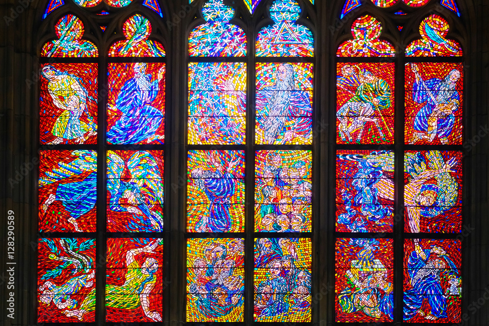 Prague, Czechia - November, 21, 2016: stained-glass of St. Vitus Cathedral  in Prague Castle, Czechia