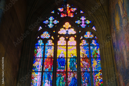 Prague, Czechia - November, 21, 2016: stained-glass of St. Vitus Cathedral in Prague Castle, Czechia