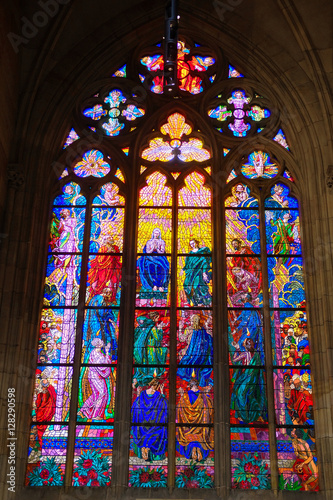 Prague, Czechia - November, 21, 2016: stained-glass of St. Vitus Cathedral in Prague Castle, Czechia