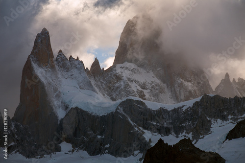 Pointed peaks in the clouds. Argentina. Patagonia.