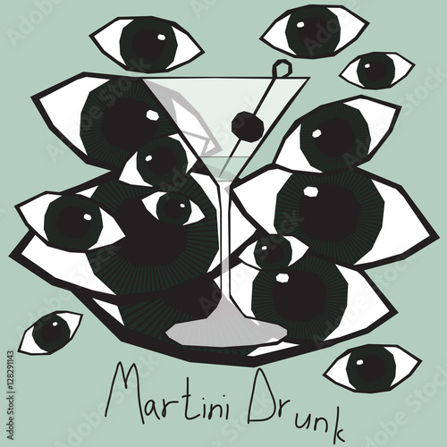 Conceptual symbolical comic graphic vector illustration about being drunk state. Bad influence of alcohol. Glass of cocktail Martini Dry and many eyes watching