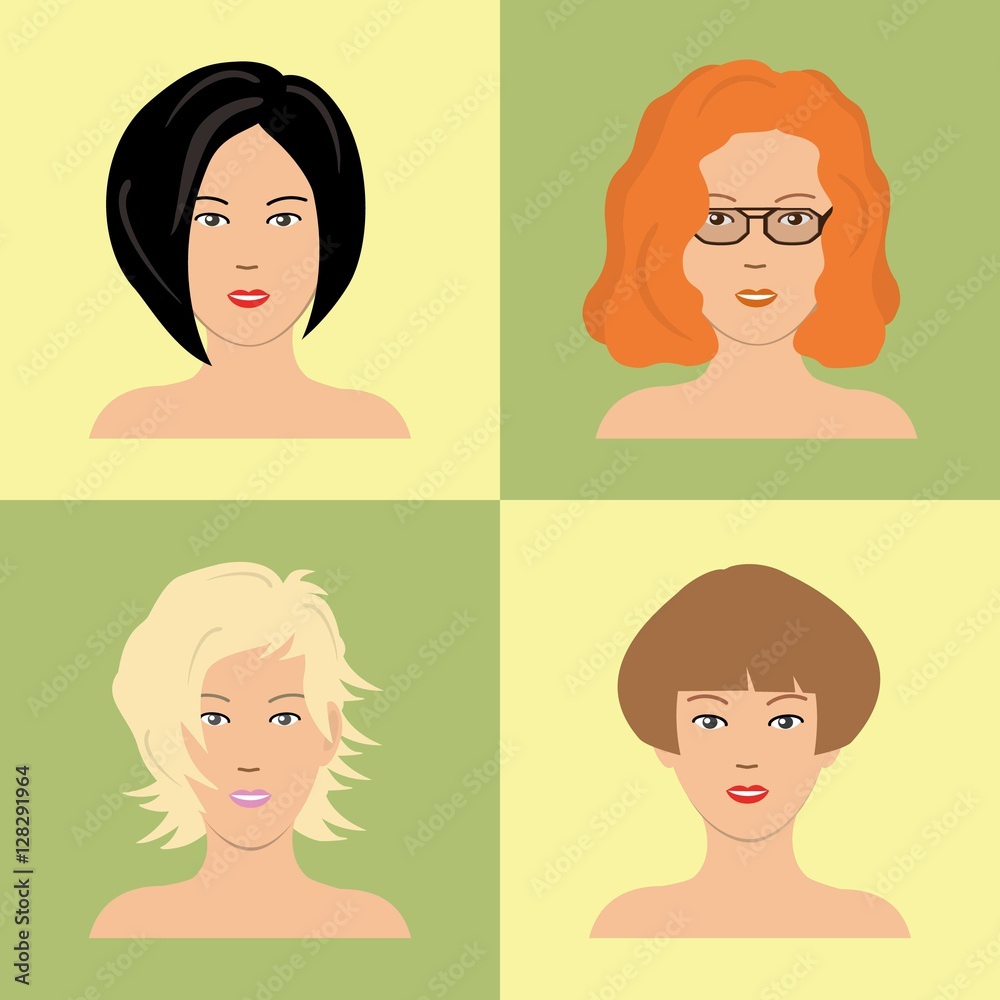 Set of flat women icons. Four different images of girls. It can be used for the websites and forums. Vector illustration Set of flat women icons. Four different images of girls. It can be used for the websites and forums. Vector illustration
