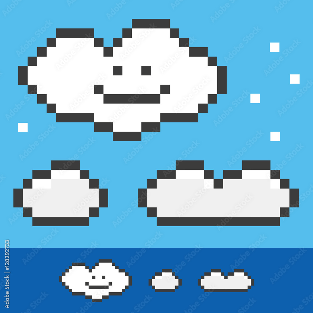 Retro 8-bit pixel clouds set, collection on blue background. Stock ...