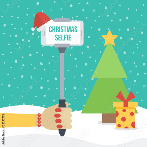 Woman holding selfie monopod with smartphone in front of christmas winter background with fir and gift box. Flat design vector illustration.
