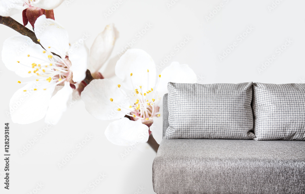  Floral motif wallpaper and modern couch fragment, Interior decor mockup