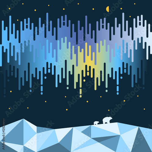 Polar bears on the background of northern light. Vector flat illustration.