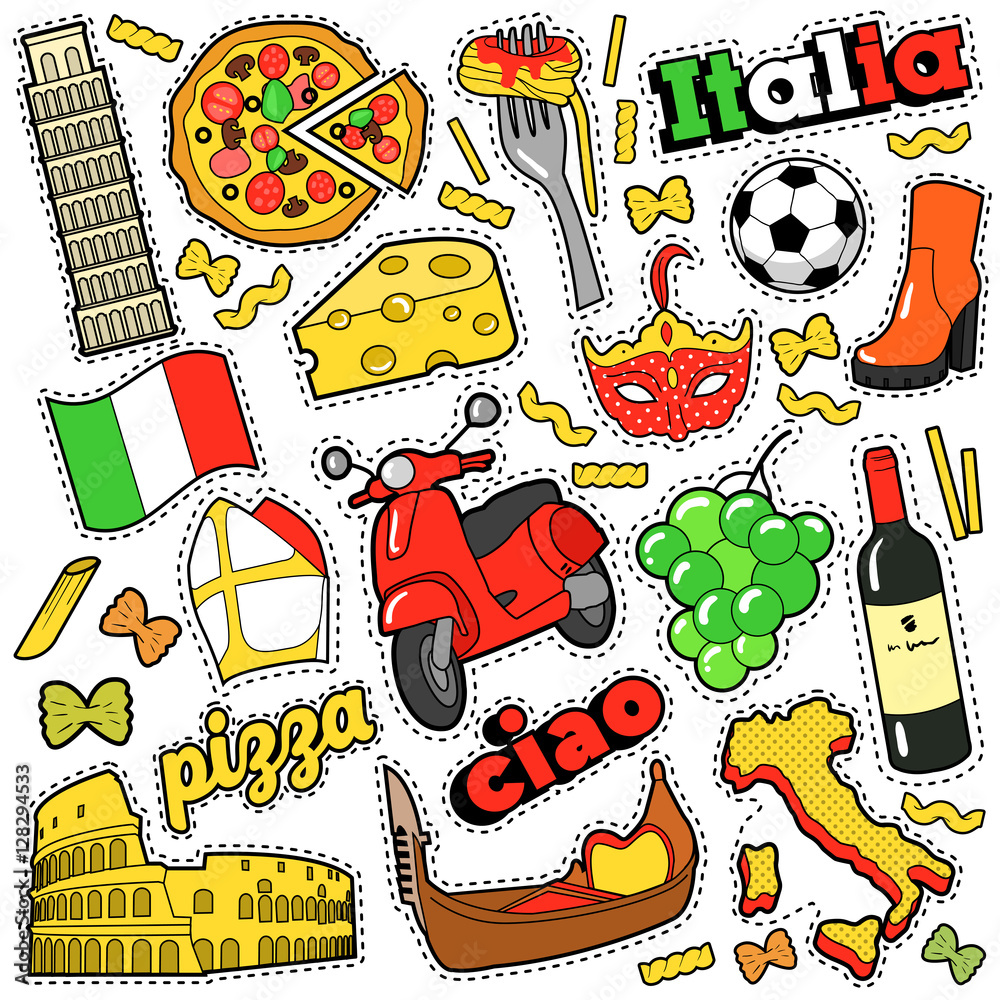 Italy Travel Scrapbook Stickers, Patches, Badges for Prints with Pizza