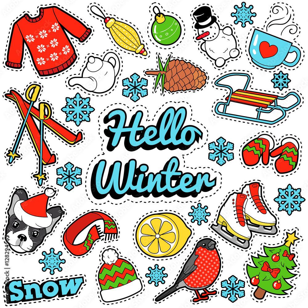Hello Winter Stickers, Badges, Patches Decoration Set With Snow, Warm  Clothes And Christmas Tree. Vector Doodle Royalty Free SVG, Cliparts,  Vectors, and Stock Illustration. Image 66573091.