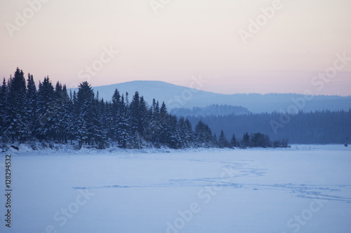 Sunset on lake Zyuratkul. Ural. Winter landscape