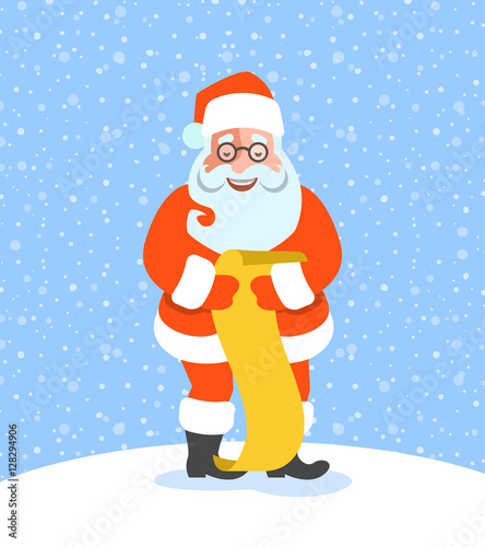 Santa Claus reads Naughty or Nice Kids List. Cartoon vector illustration. Cute character pose. Snow day background. Greeting card design