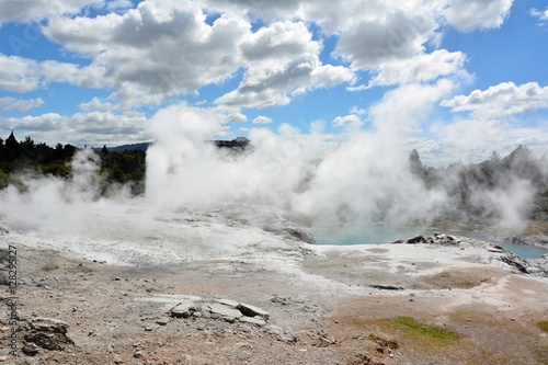 Unearthly landscape in Te Puia therrmal reserve in Rotorua, New Zealand.