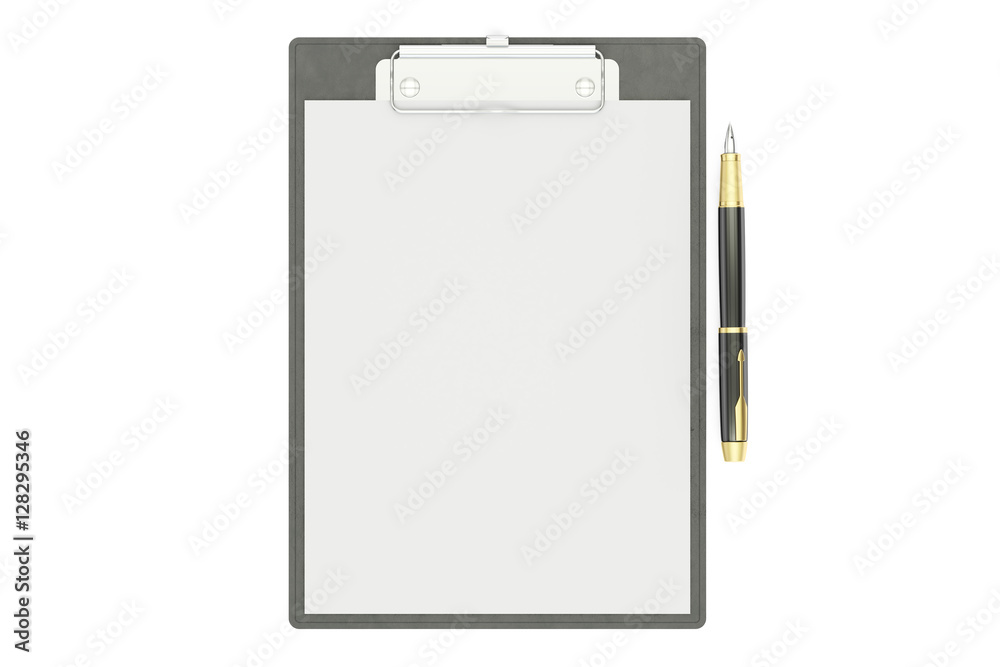 Blue Clipboard with Blank Paper and Pen, 3D rendering