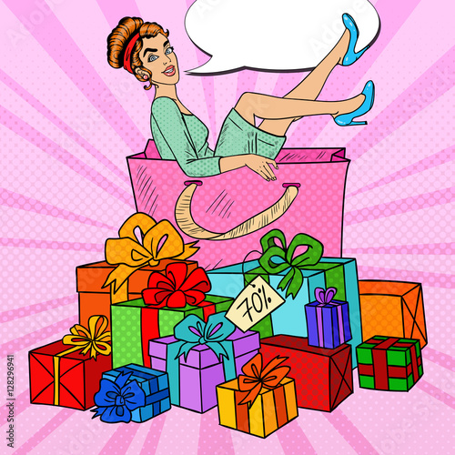 Pop Art Happy Woman in Big Shopping Bag with Huge Gift Boxes. Vector illustration