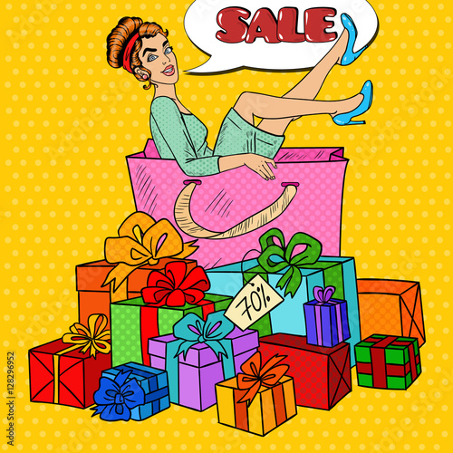Pop Art Happy Woman in Big Shopping Bag with Huge Gift Boxes. Vector illustration