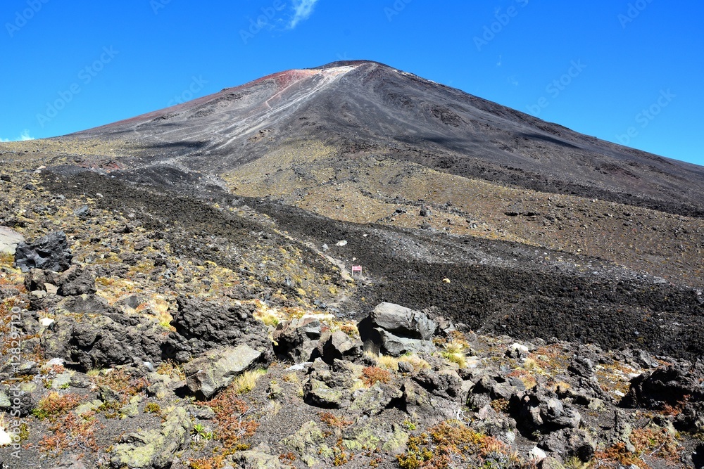 Landscape in Tongariro national park, New Zealand. Closed path to the summit of Ngauruhoe volcano.