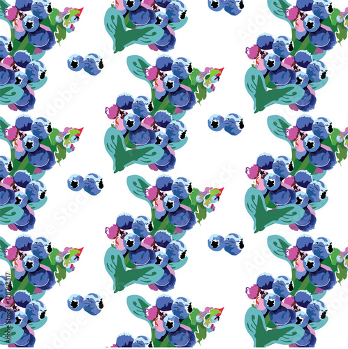 Watercolor growing blueberry pattern background. Vector fresh fruits branch