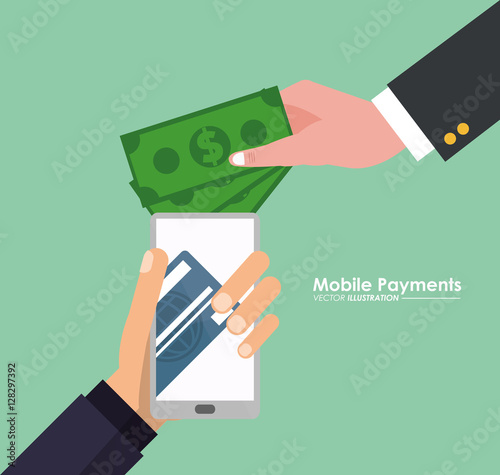 hand holds smartphone mobile payment money virtual vector illustration eps 10
