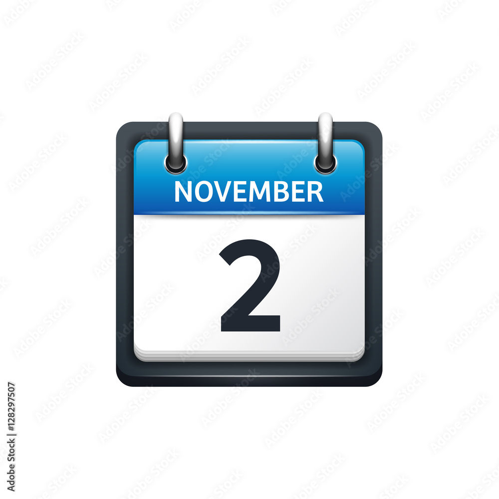 November 2. Calendar icon.Vector illustration,flat style.Month and date.Sunday,Monday,Tuesday,Wednesday,Thursday,Friday,Saturday.Week,weekend,red letter day. 2017,2018 year.Holidays.