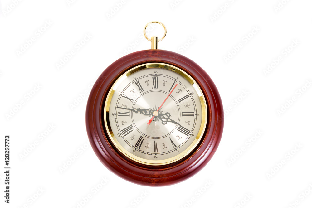 Vintage wooden wall clock on a white background