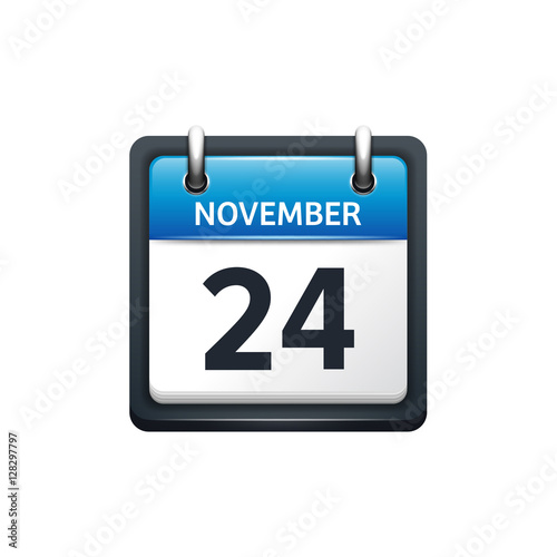 November 24. Calendar icon.Vector illustration,flat style.Month and date.Sunday,Monday,Tuesday,Wednesday,Thursday,Friday,Saturday.Week,weekend,red letter day. 2017,2018 year.Holidays.