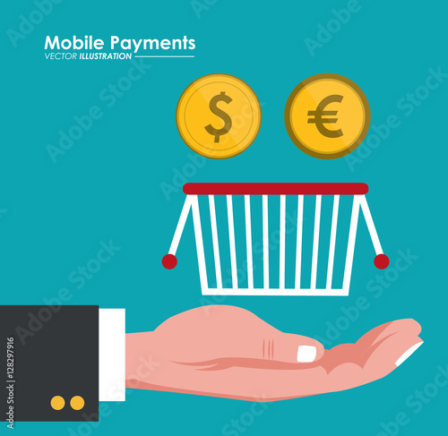 mobile payment hand hold basket and coins dollar euro vector illustration eps 10