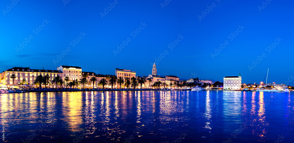 Split waterfront evening blue panorama, Dalmatia, Croatia