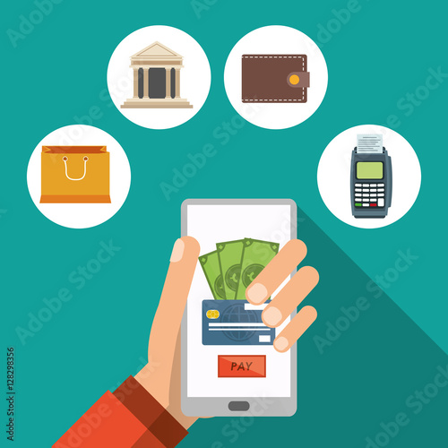 hand hold smartphone pay wallet gift bank vector illustration eps 10 photo