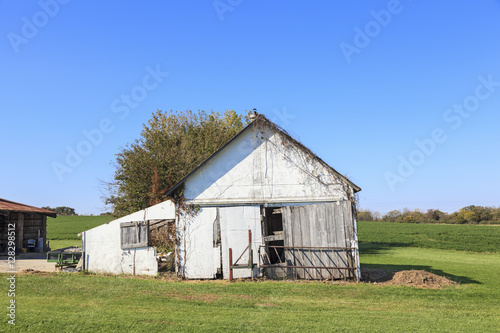 Old wooden shed standing on grass on a country farm with blue sky in the background