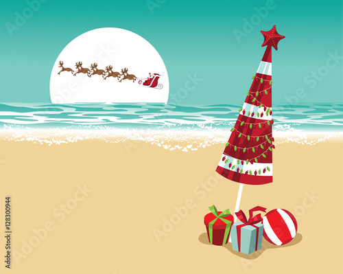 Christmas in a warm climate background. Santa Claus delivers gifts over a Beach umbrella with Christmas lights and Christmas gifts.