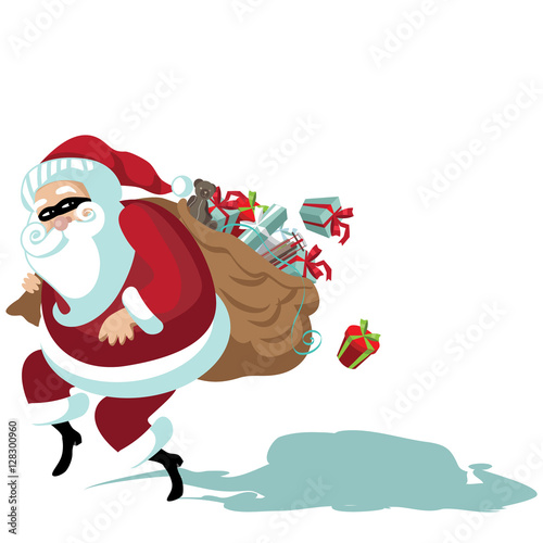 Cartoon Secret Santa illustration with Santa Claus sneakily delivering gifts while wearing a mask. EPS 10 vector.