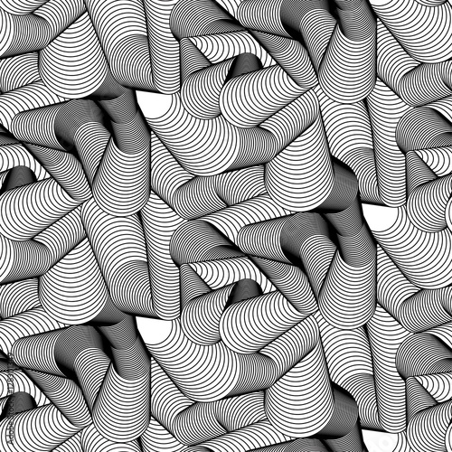 Abstract vector seamless moire pattern with waving circle lines. Monochrome graphic black and white ornament. Pipes repeating texture.