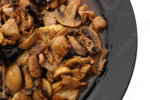 Pork with black and white mushrooms and bamboo shoots