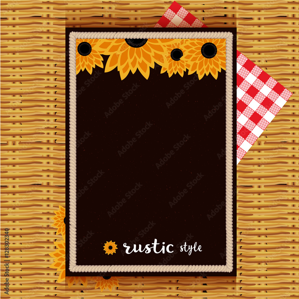Rustic, country, ethnic ukrainian style. Sunflowers background. Vintage