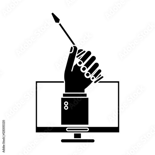 computer hand holds screwdriver under construction sign pictogram vector illustration eps 10