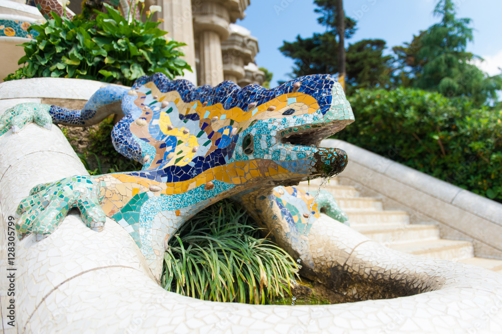 Park Guell - fountain mosaic sculpture designed by Antoni Gaudi, Barcelona,  Spain Photos | Adobe Stock