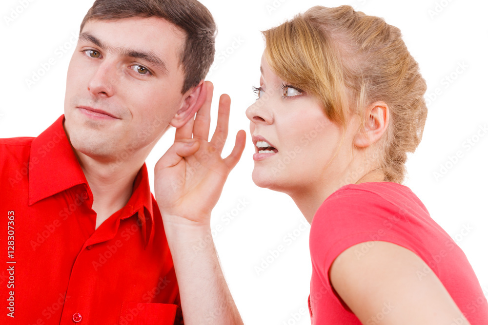 Woman telling man some secrets, couple talking Woman telling man some secrets, couple talking