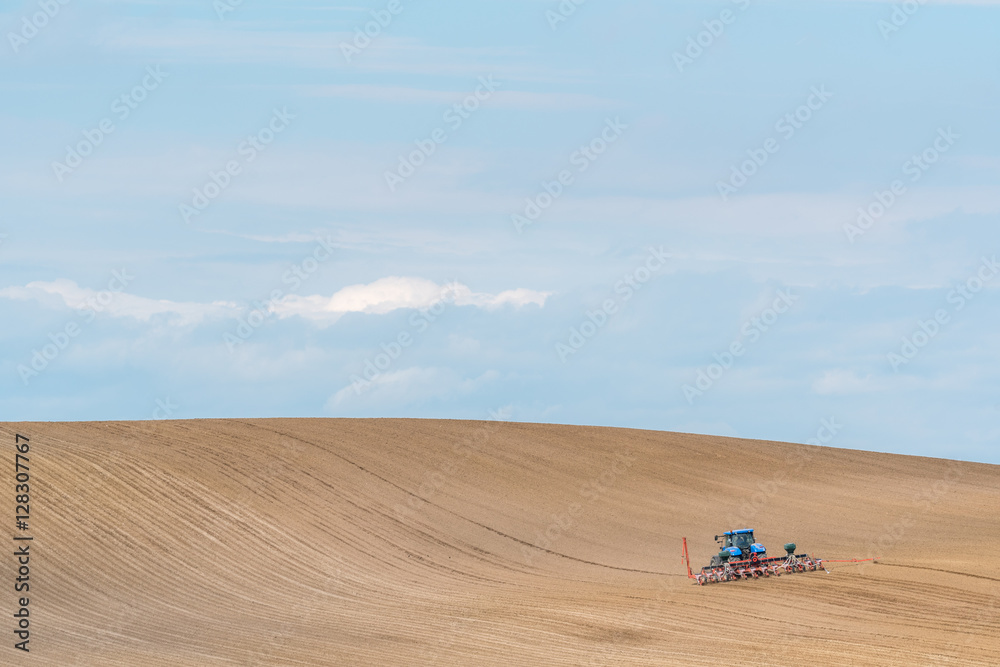 Large view on the tractor harrowing the field in spring season
