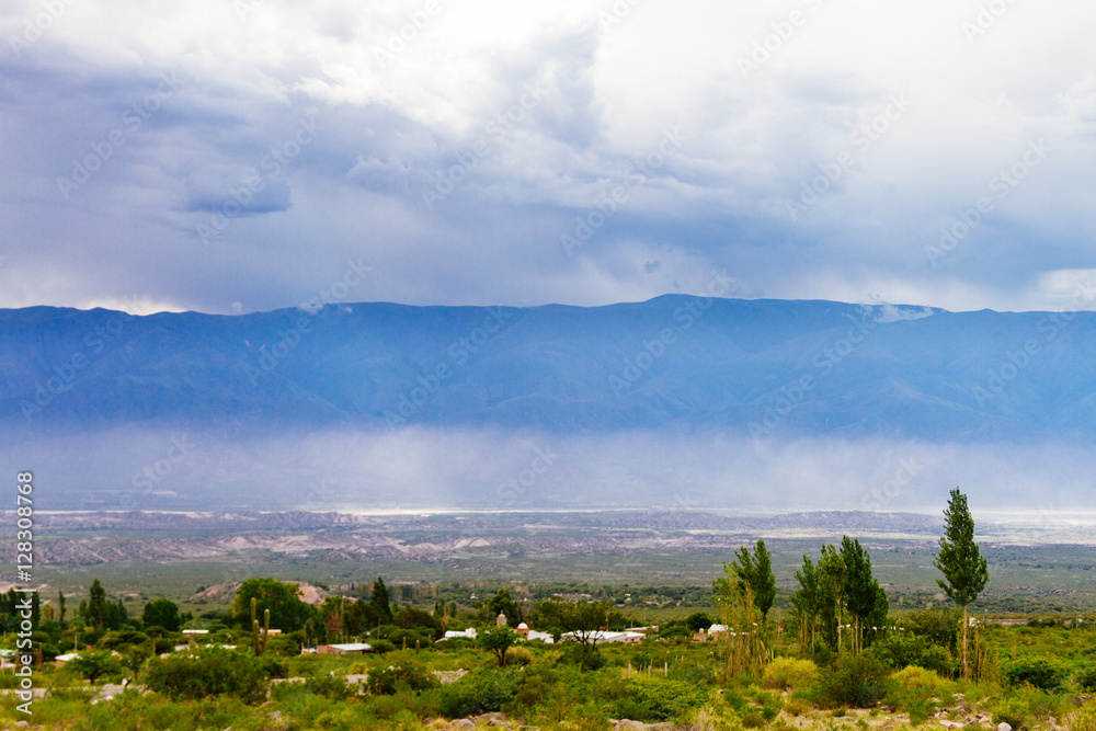 View of calchaquí valleys with storm in the mountains in Tucum