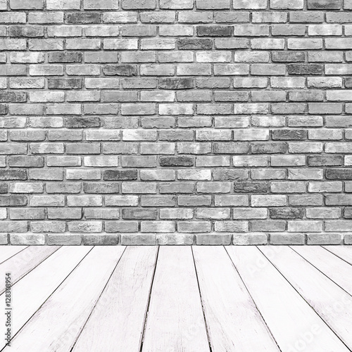 Wooden white balcony and brick wall background © phatthanit