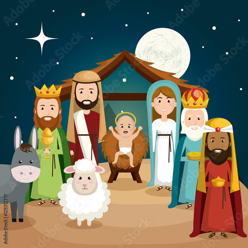 happy merry christmas manger character vector illustration design