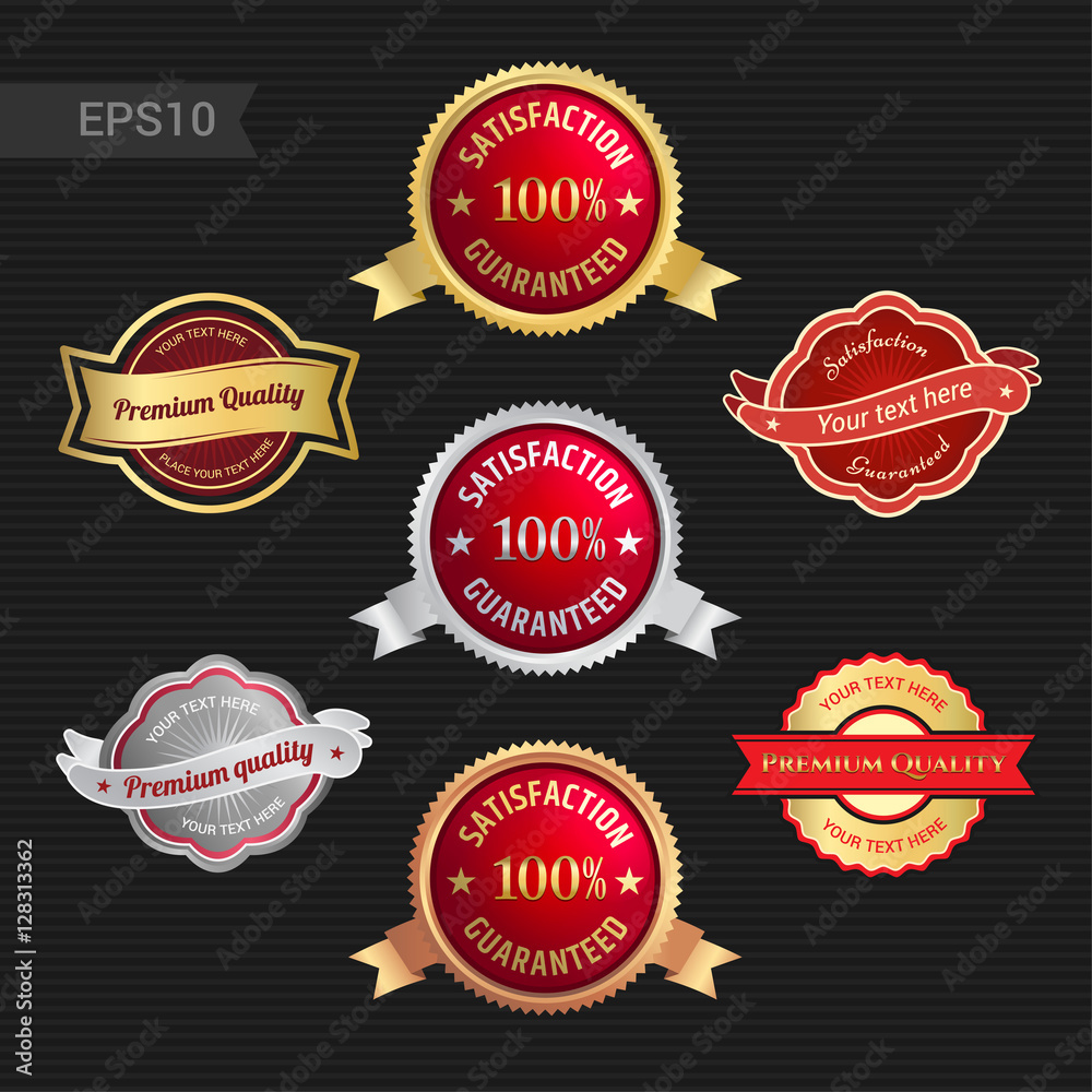 Set of satisfaction guarantee and premium quality emblem or badge